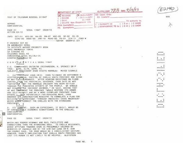 1980년 9월 주한 미국대사관이 전두환 전 대통령이 광주를 방문해 발언한 내용을 미 국무부에 보고한 3급 비밀문서. 5·18민주화운동기록관 제공