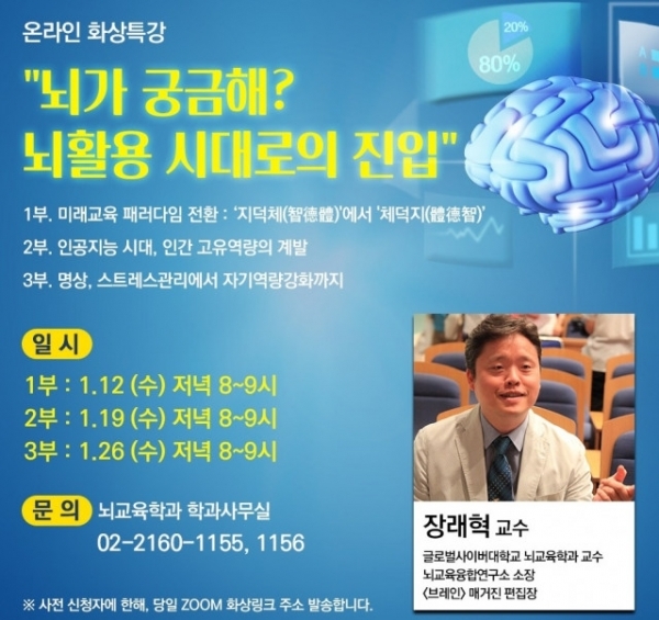 글로벌사이버대학교가 ‘뇌가 궁금해?, 뇌활용 시대로의 진입’을 타이틀로 겨울방학 뇌교육 릴레이 무료 특강을 개최한다=사진제공