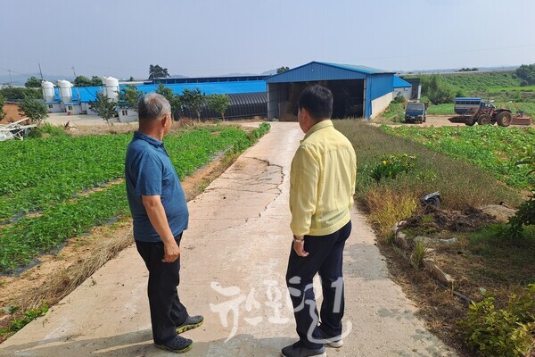 김산 군수가 육계 사육 농가를 방문해 이야기를 나누고 있다. (사진 제공 : 무안군)
