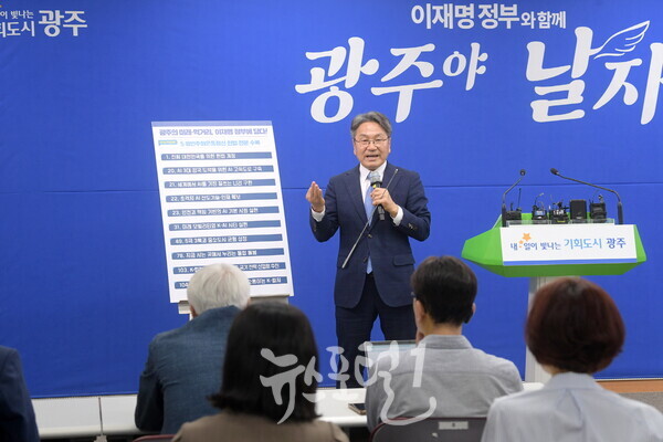 강기정 광주광역시장이 13일 오후 시청 브리핑룸에서 지역 공약 국정 과제 반영 성과 브리핑을 하고 있다. (사진 제공 : 광주광역시)