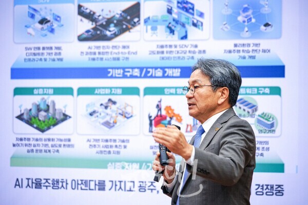 강기정 광주광역시장이 17일 오전 서울 여의도 국회의원회관 제1소회의실에서 열린 'AI모빌리티 신도시 구상 국회 정책토론회'에 참석해 '광주 미래 모빌리티 특화도시 조성'을 주제로 발표하고 있다.. (사진 제공 : 광주광역시)