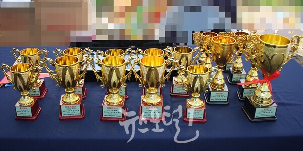 '물 반 고기 반' 「제1회 임곡 No.1 파크골프대회」 입상자들에게 수여할 트로피.